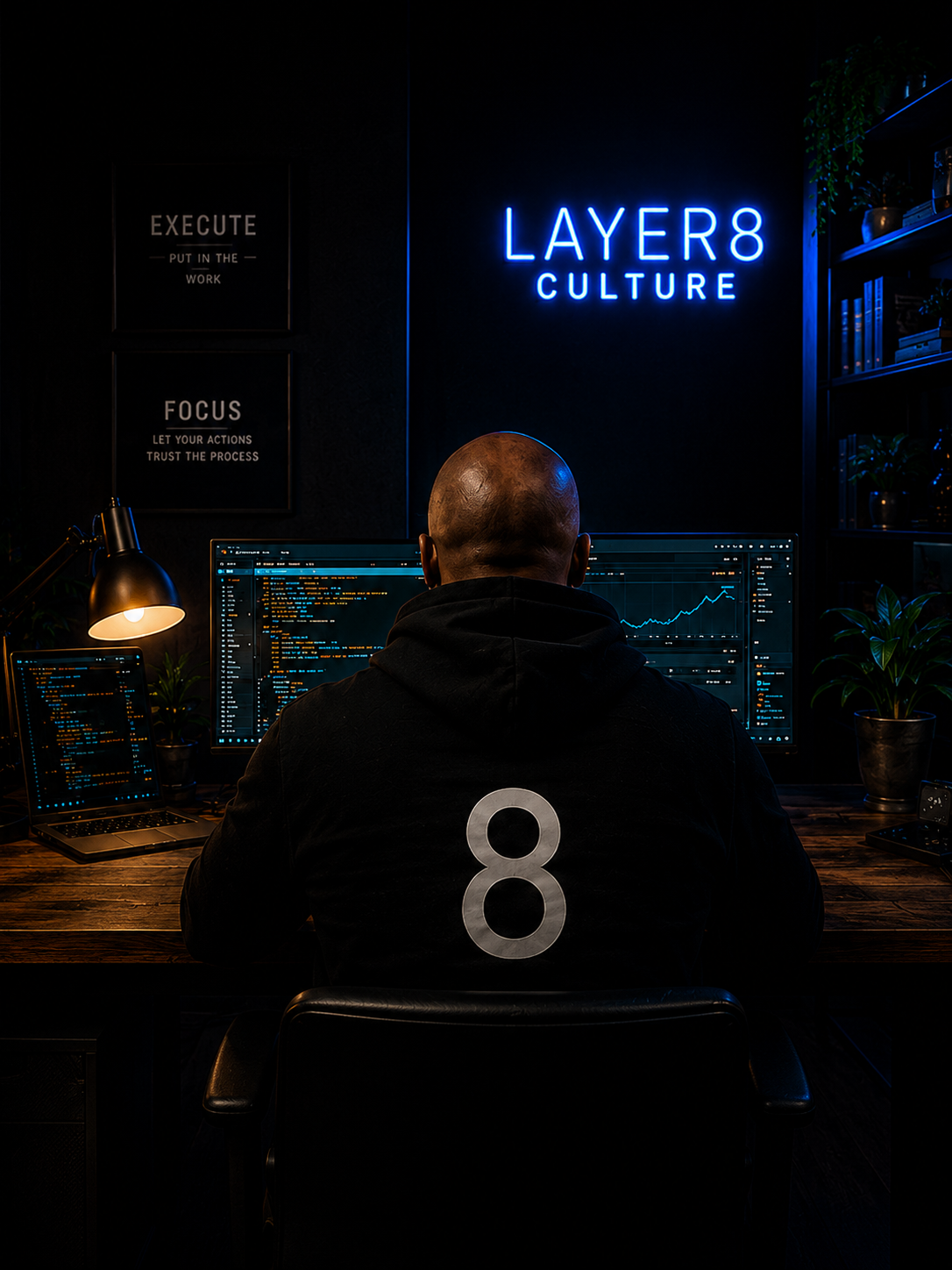 A builder at a multi-monitor workstation late at night, an electric blue LAYER8 CULTURE neon sign on the wall behind, the numeral 8 worn on the back of their hoodie