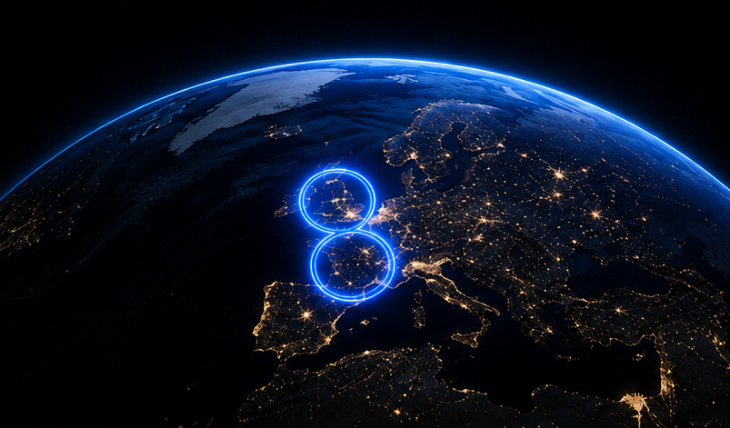 Earth from space at night with city lights and a glowing electric blue figure-eight over Europe