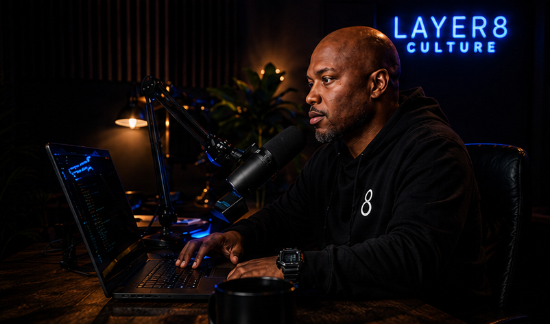 A builder at a podcast workstation, headphones on, speaking into a black studio microphone, a laptop with code on the desk, an electric blue LAYER8 CULTURE neon sign on the wall behind